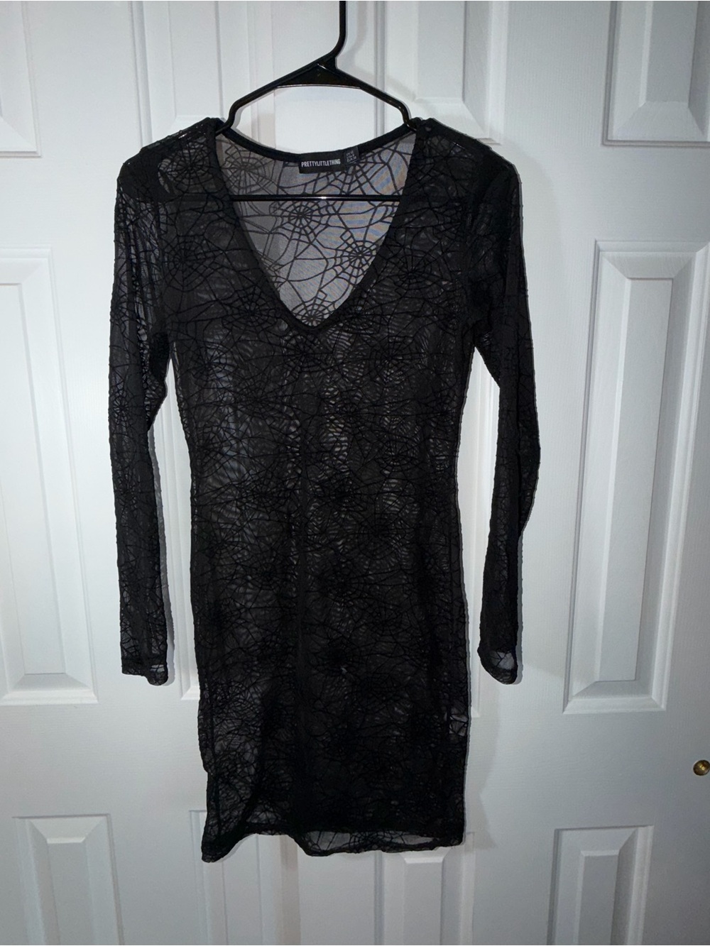PrettyLittleThing Black Spiderweb Mesh Long-Sleeve V-Neck Dress